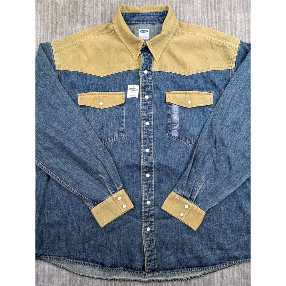 Old Navy Mens 2XL Western Pearl Snap Denim Corduroy Shirt Shacket Blue NWT